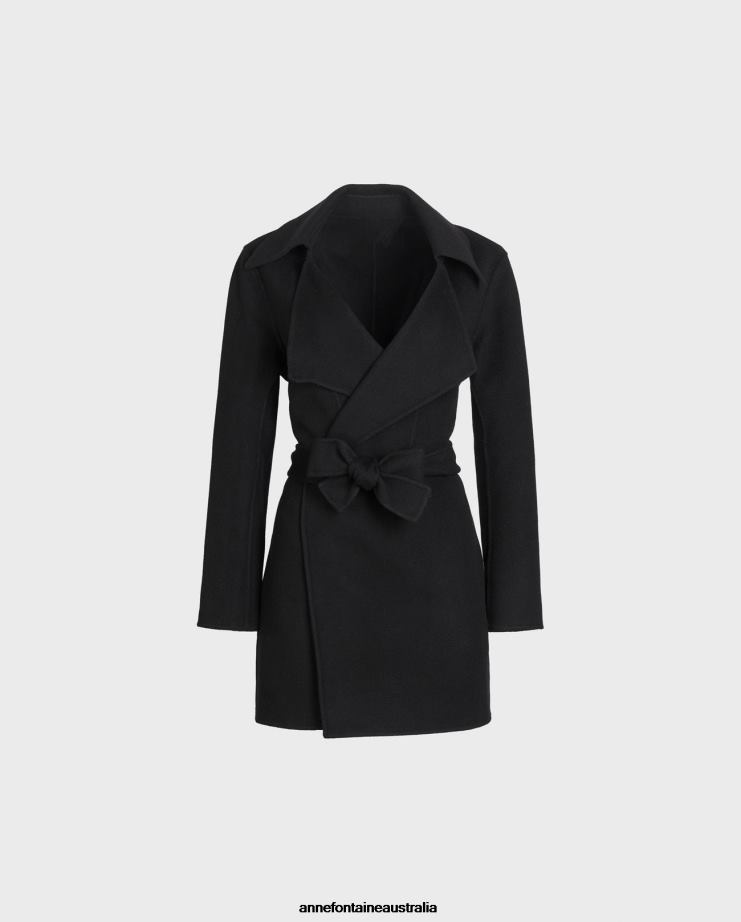 Anne Fontaine Clothing 2VZRJ433 Women Delacroix Coat Belted Open Wool Blend Coat With Large Notched Lapel Black