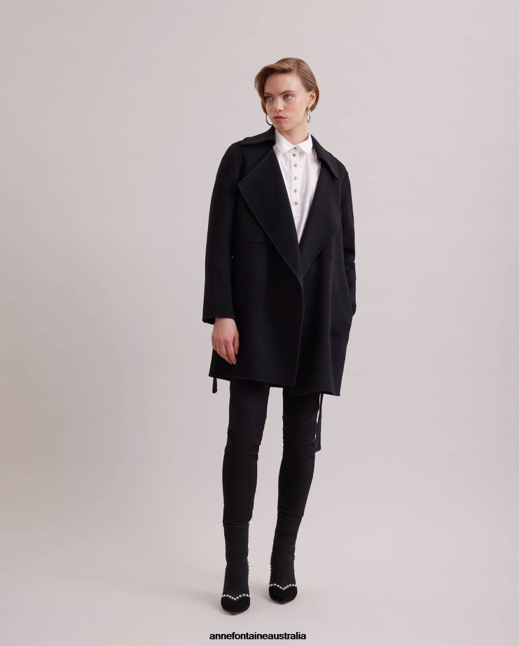 Anne Fontaine Clothing 2VZRJ433 Women Delacroix Coat Belted Open Wool Blend Coat With Large Notched Lapel Black