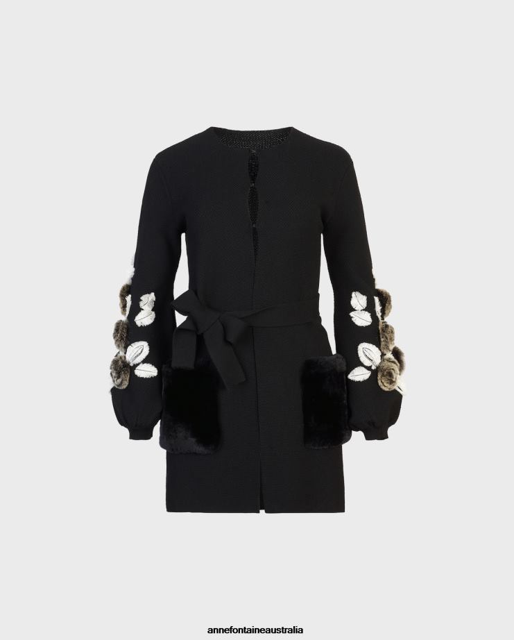 Anne Fontaine Clothing 2VZRJ435 Women Shada Cardigan Knit Cardigan With Blouson Sleeves and Floral Fur Details Black