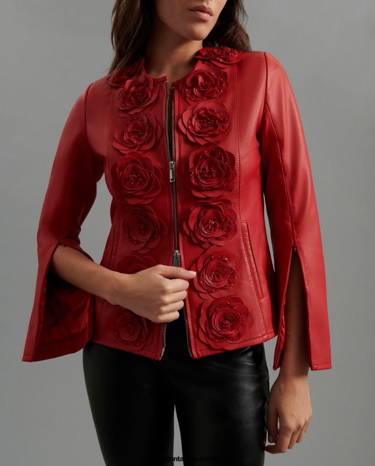 Anne Fontaine Clothing 2VZRJ436 Women Loryna Jacket Leather Jacket With Floral Detailing Red