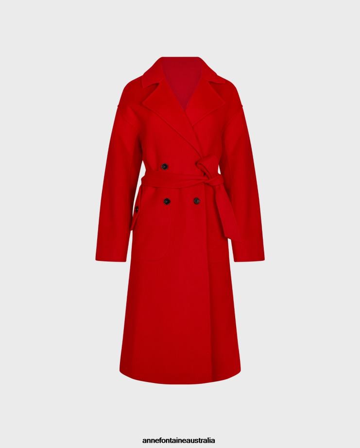 Anne Fontaine Clothing 2VZRJ437 Women Codex Coat TrenchCoat With Large Notched Collar and Tie Waist Belt Red