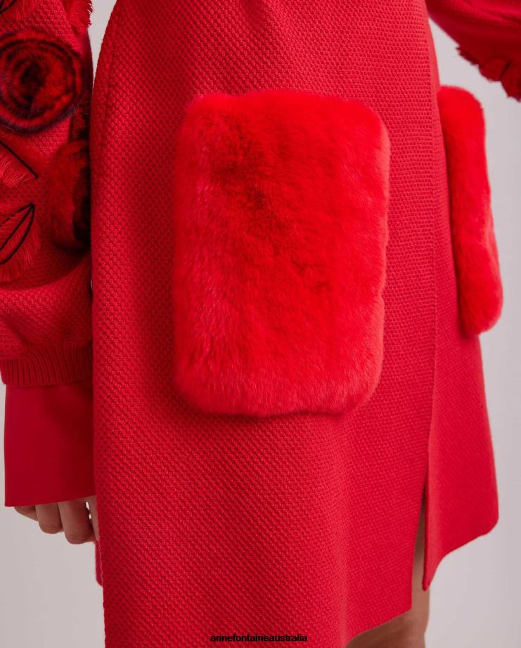 Anne Fontaine Clothing 2VZRJ438 Women Shada Cardigan Mid-Length Knit Cardigan With Blouson Sleeves and Waist Belt Red