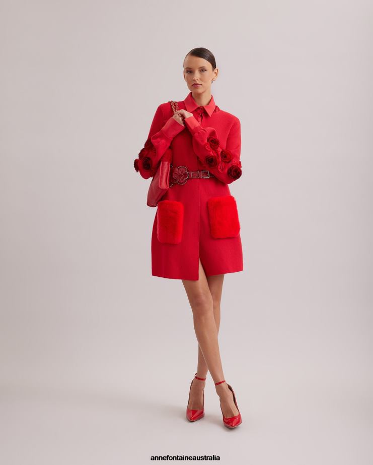 Anne Fontaine Clothing 2VZRJ438 Women Shada Cardigan Mid-Length Knit Cardigan With Blouson Sleeves and Waist Belt Red