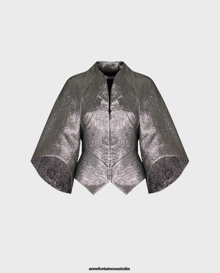 Anne Fontaine Clothing 2VZRJ440 Women Celesta Jacquard Textured Gunmetal Metallic Jacket Grey