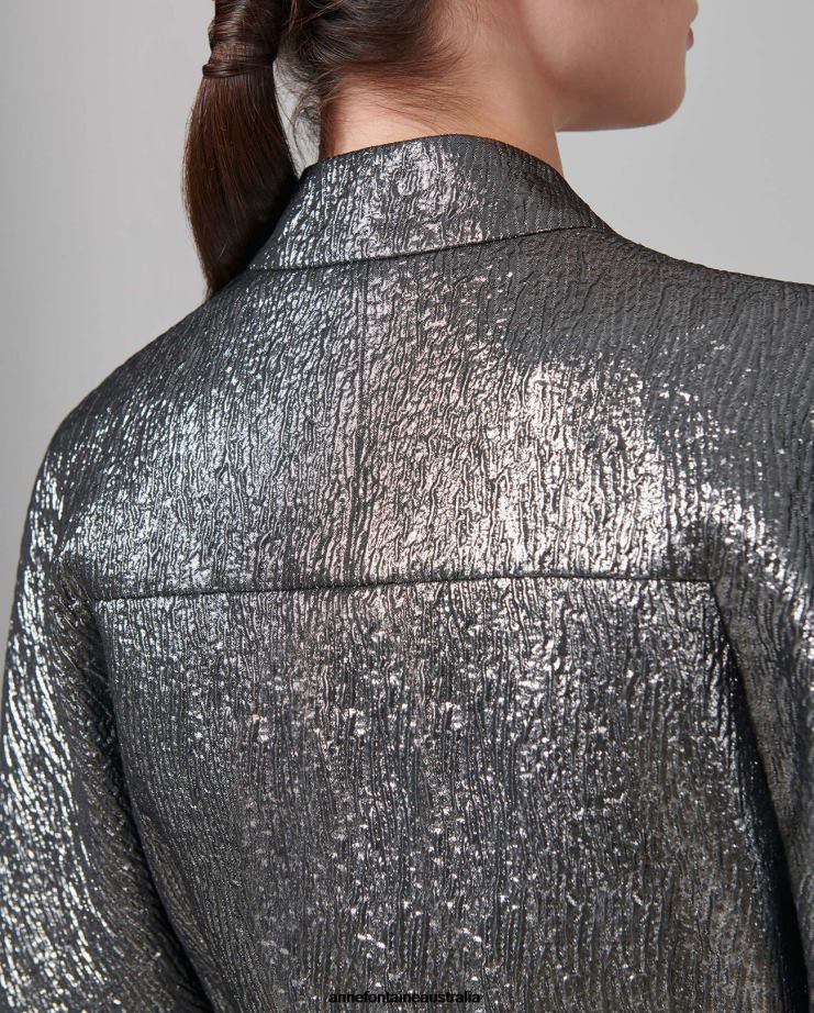 Anne Fontaine Clothing 2VZRJ440 Women Celesta Jacquard Textured Gunmetal Metallic Jacket Grey