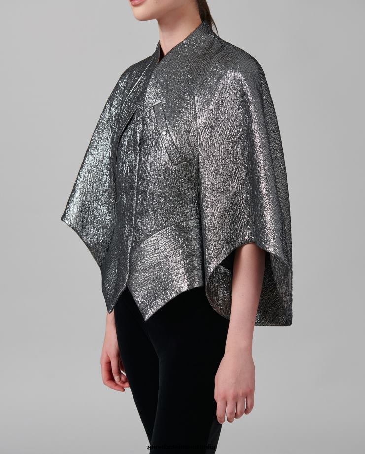 Anne Fontaine Clothing 2VZRJ440 Women Celesta Jacquard Textured Gunmetal Metallic Jacket Grey