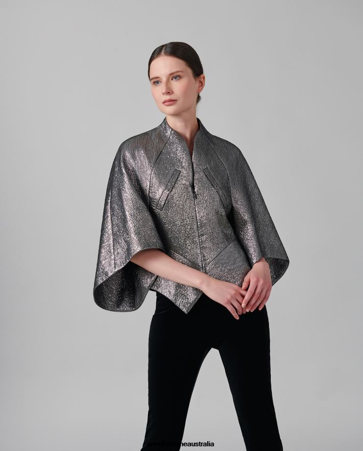 Anne Fontaine Clothing 2VZRJ440 Women Celesta Jacquard Textured Gunmetal Metallic Jacket Grey