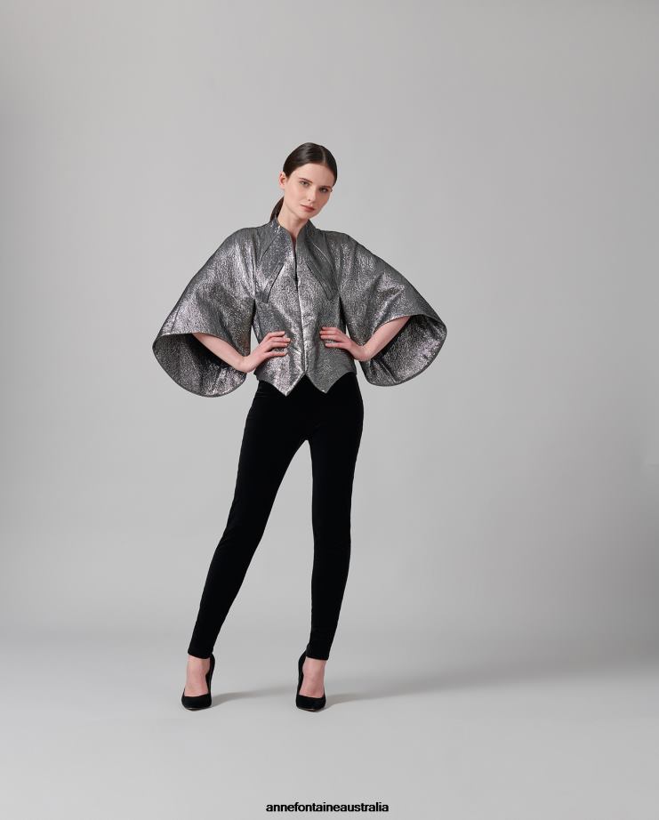 Anne Fontaine Clothing 2VZRJ440 Women Celesta Jacquard Textured Gunmetal Metallic Jacket Grey