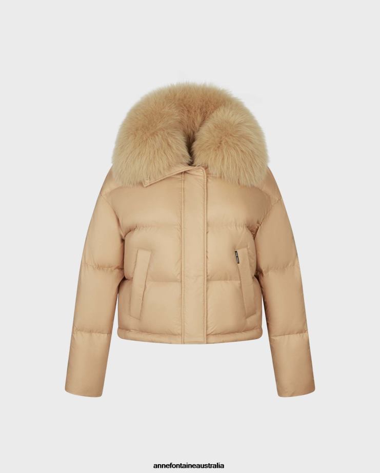 Anne Fontaine Clothing 2VZRJ441 Women Fantastic Jacket Cropped Down Puffer Jacket With Luxe Fur Collar Brown