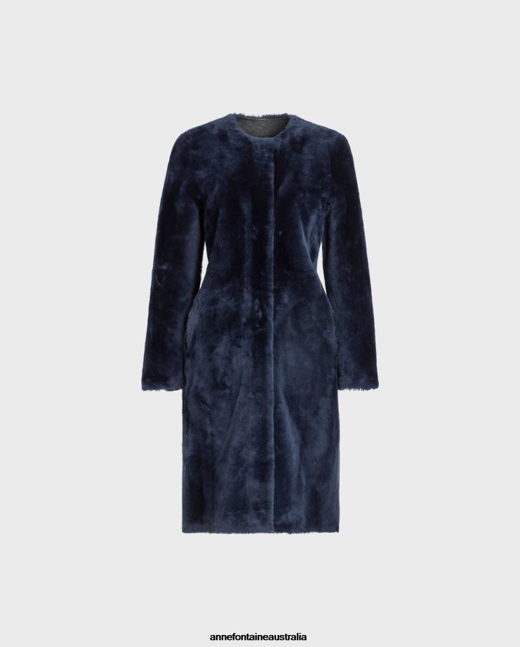 Anne Fontaine Clothing 2VZRJ443 Women Rococo Coat Mid Length Fur Coat With Reverse Side Leather Navy