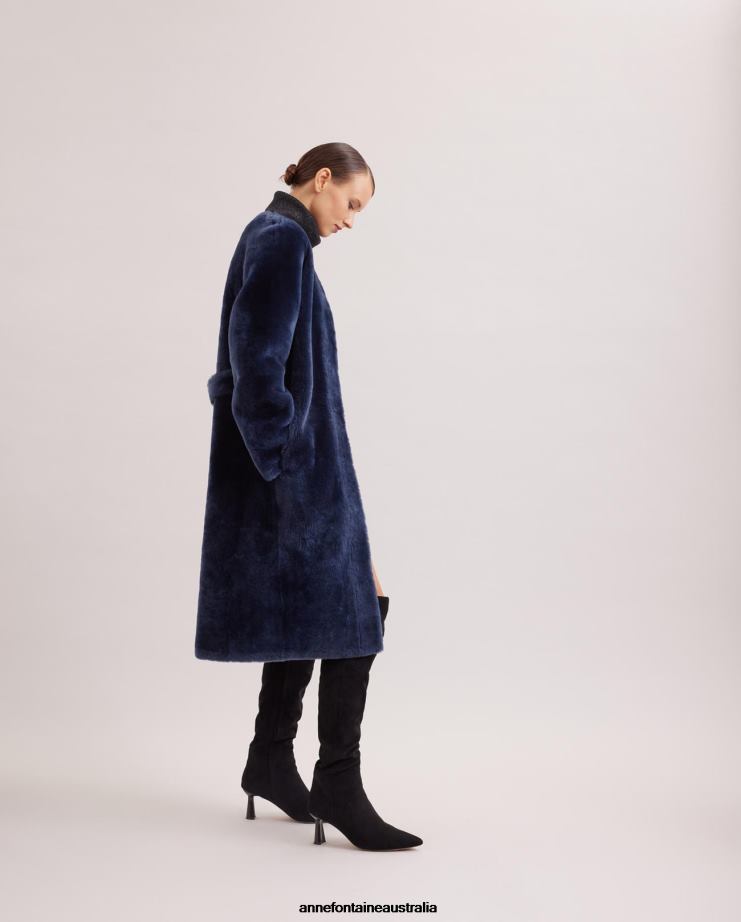 Anne Fontaine Clothing 2VZRJ443 Women Rococo Coat Mid Length Fur Coat With Reverse Side Leather Navy