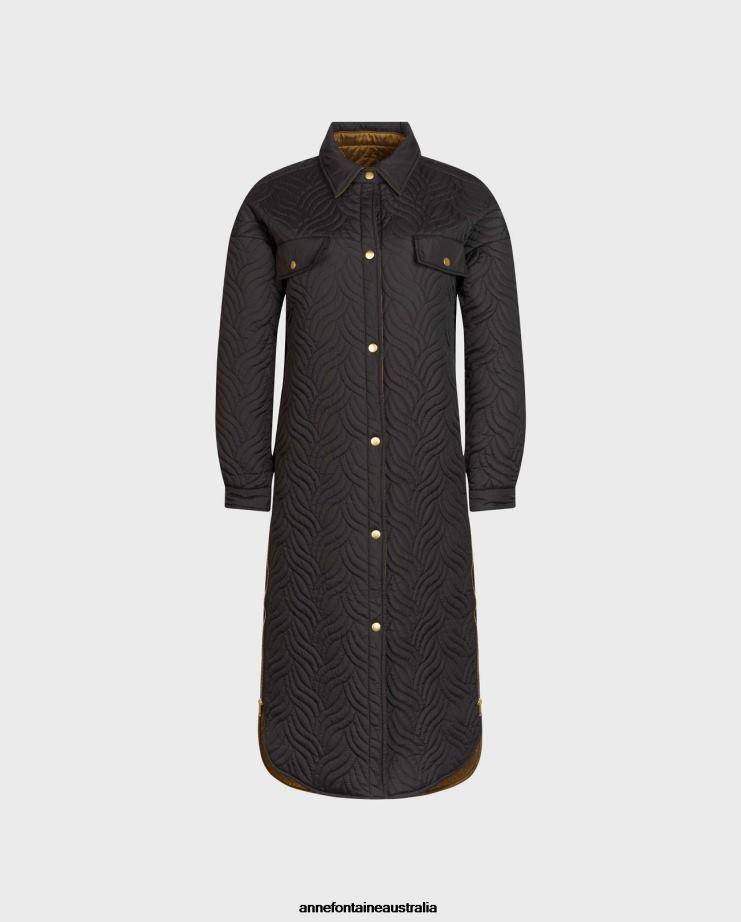 Anne Fontaine Clothing 2VZRJ444 Women Genes Coat Reversible Long Down Coat WithWavy Geometric Top Stitch Pattern Black