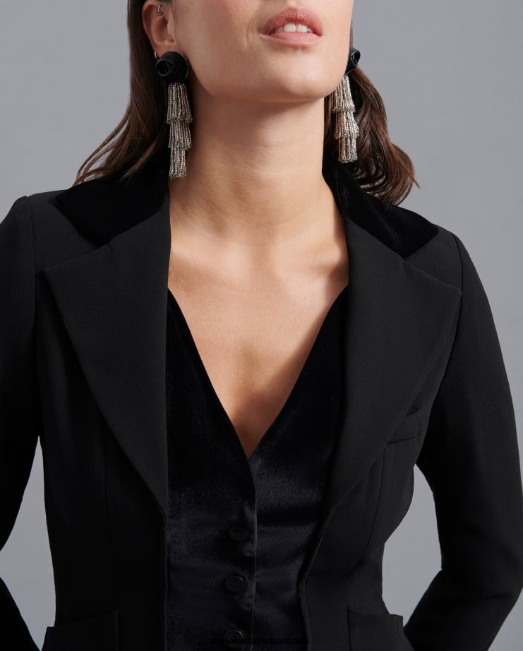 Anne Fontaine Clothing 2VZRJ445 Women Emrys Jacket Vintage Style Crepe Jacket With a Inserted Velvet Waistcoat Black