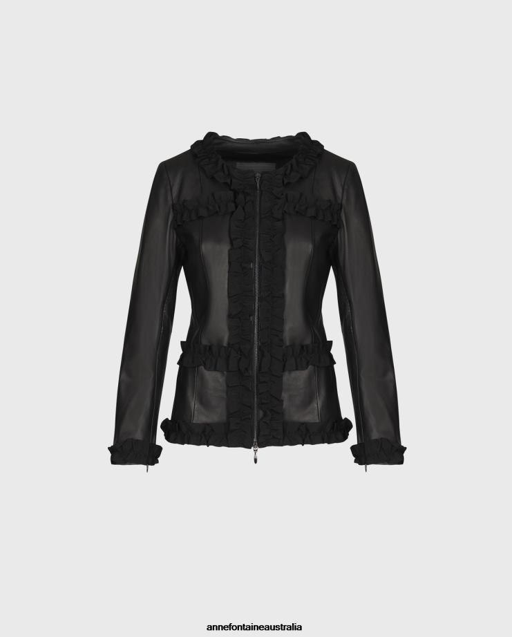 Anne Fontaine Clothing 2VZRJ446 Women Carter Jacket Collarless Leather Jacket With Grosgrain Ruffle Trim Black