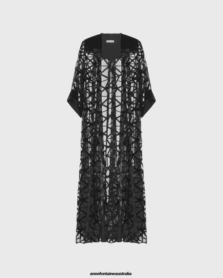 Anne Fontaine Clothing 2VZRJ450 Women Sulwen Kimono Long Duster With Geometric Devore Patterns Black