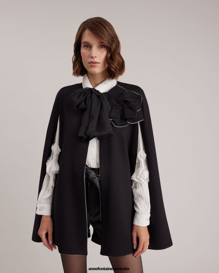 Anne Fontaine Clothing 2VZRJ453 Women Manolo Cape Milano Cape With Arm Hole Openings and Removable Flower Pin Black