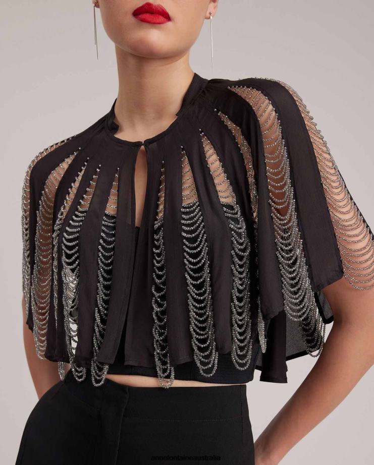Anne Fontaine Clothing 2VZRJ454 Women Nera Cape Silk Cape With Beading Black/Silver