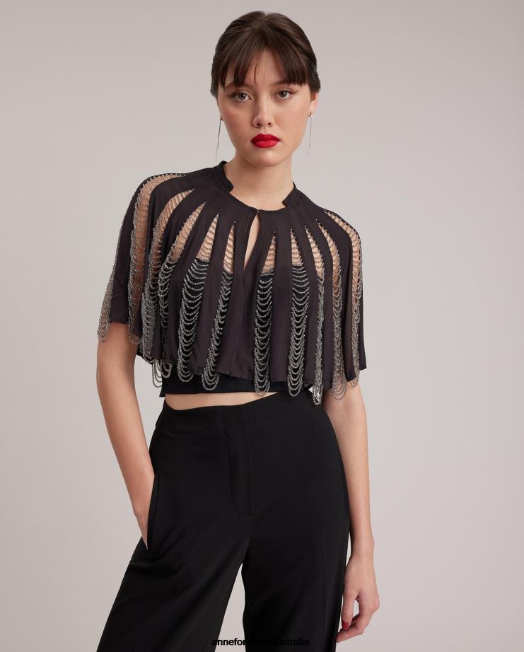 Anne Fontaine Clothing 2VZRJ454 Women Nera Cape Silk Cape With Beading Black/Silver