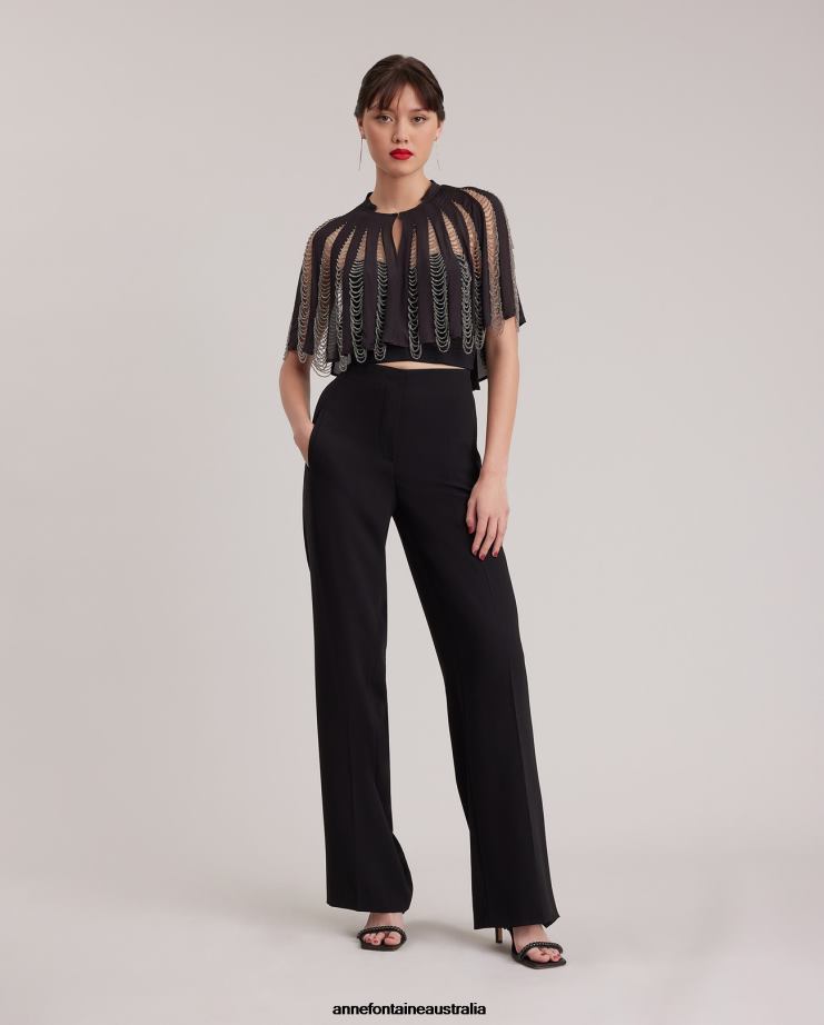 Anne Fontaine Clothing 2VZRJ454 Women Nera Cape Silk Cape With Beading Black/Silver