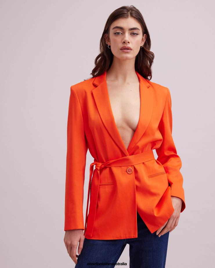 Anne Fontaine Clothing 2VZRJ455 Women Nahi Jacket Long Sleeve Oversized Blazer With Belt Tie Orange