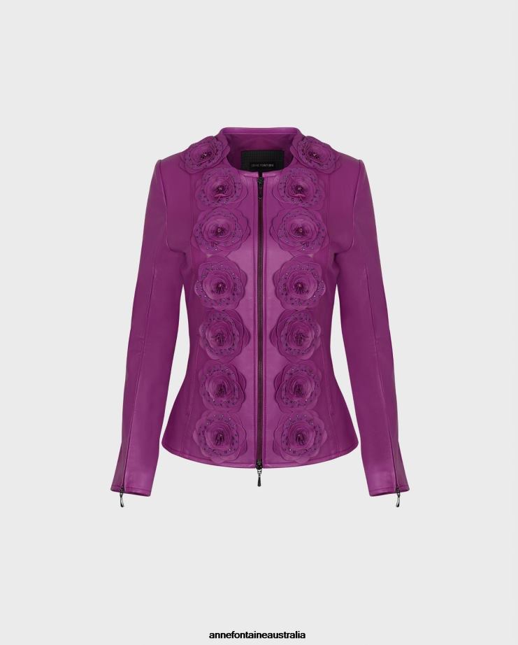 Anne Fontaine Clothing 2VZRJ456 Women Loryna Jacket Leather Jacket With Floral Detailing Purple