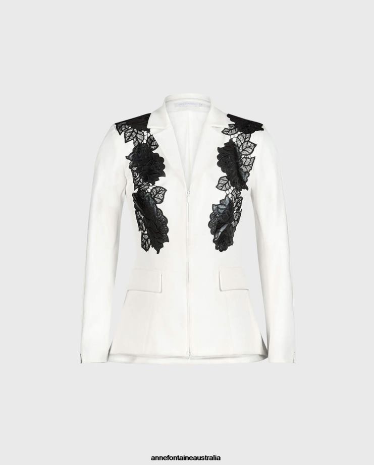 Anne Fontaine Clothing 2VZRJ457 Women Vorra Jacket Tailored Jacket With Faux Leather Rose Appliques Black/White