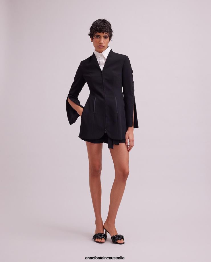 Anne Fontaine Clothing 2VZRJ460 Women Vazar Jacket V-Neck Jacket With Satin Welt Pockets Black