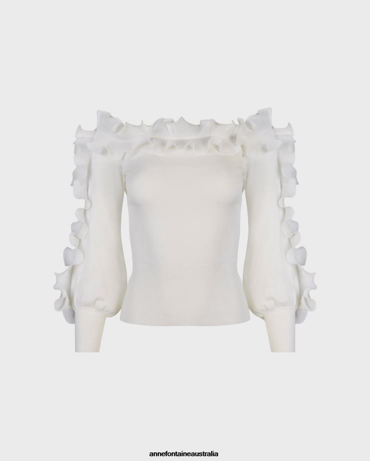 Anne Fontaine Clothing 2VZRJ462 Women Catane Sweater Long Sleeve Pullover Knit With Ruffle Details White