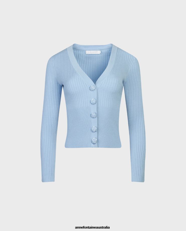 Anne Fontaine Clothing 2VZRJ463 Women Solfege Cardigan Long Sleeve Cropped Cardigan Light Blue