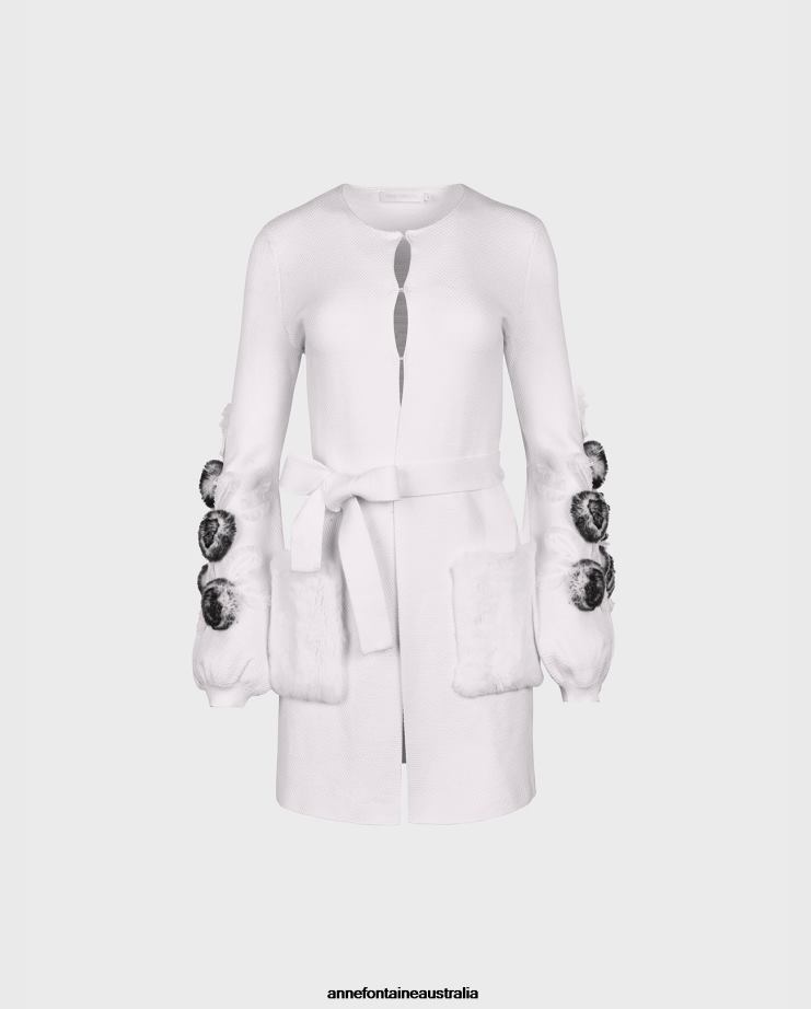 Anne Fontaine Clothing 2VZRJ464 Women Shada Cardigan Waffle Knit Cardigan With Blouson Sleeves and Floral Detailing White