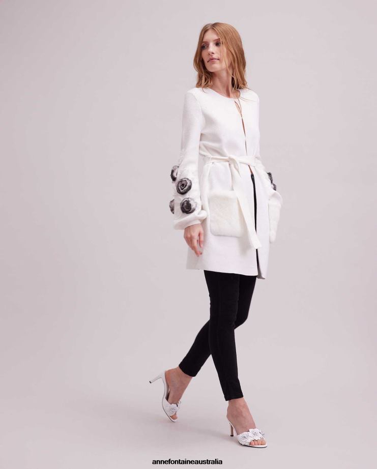 Anne Fontaine Clothing 2VZRJ464 Women Shada Cardigan Waffle Knit Cardigan With Blouson Sleeves and Floral Detailing White