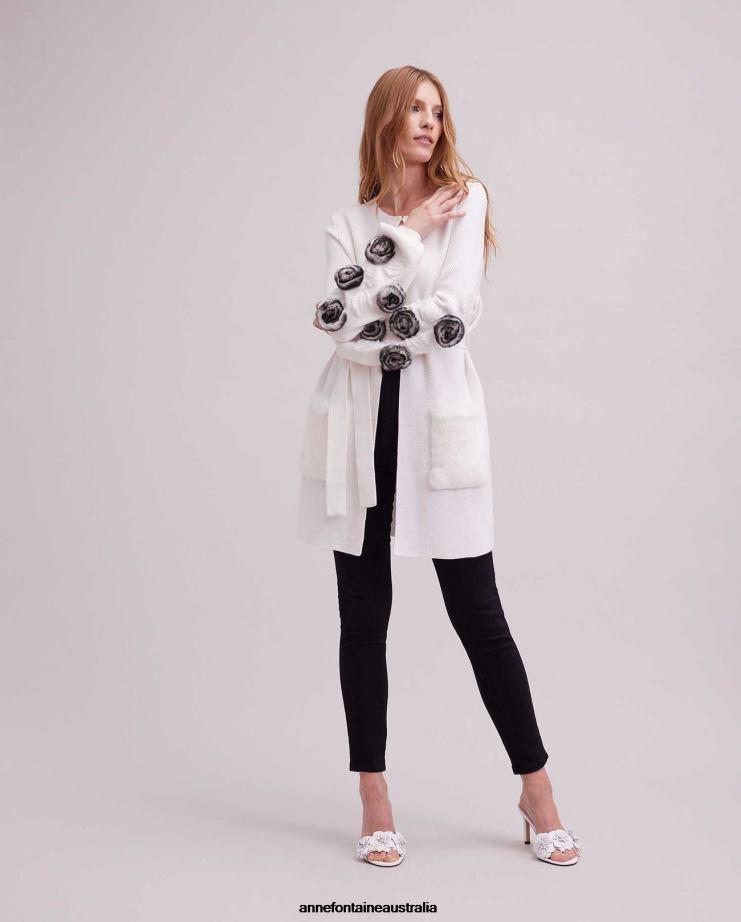 Anne Fontaine Clothing 2VZRJ464 Women Shada Cardigan Waffle Knit Cardigan With Blouson Sleeves and Floral Detailing White