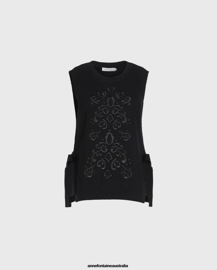 Anne Fontaine Clothing 2VZRJ465 Women Pensee Sweater Sleeveless Knit With Embroidered Pattern Black