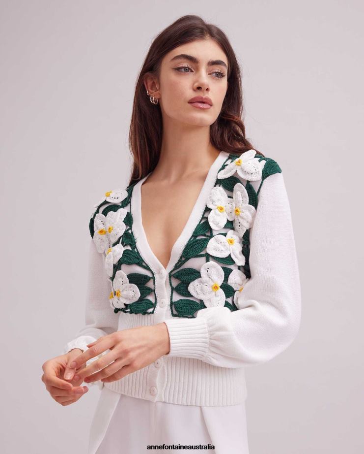 Anne Fontaine Clothing 2VZRJ466 Women Sauge Cardigan Crochet Cardigan With And Flowers With Leaves Yellow/White/Green
