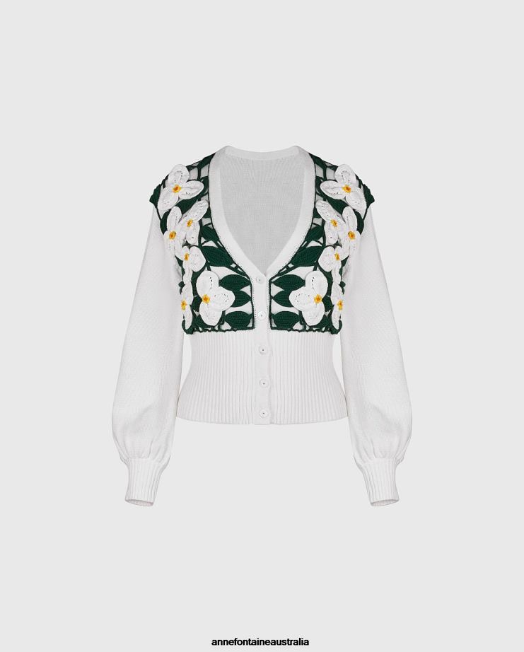 Anne Fontaine Clothing 2VZRJ466 Women Sauge Cardigan Crochet Cardigan With And Flowers With Leaves Yellow/White/Green