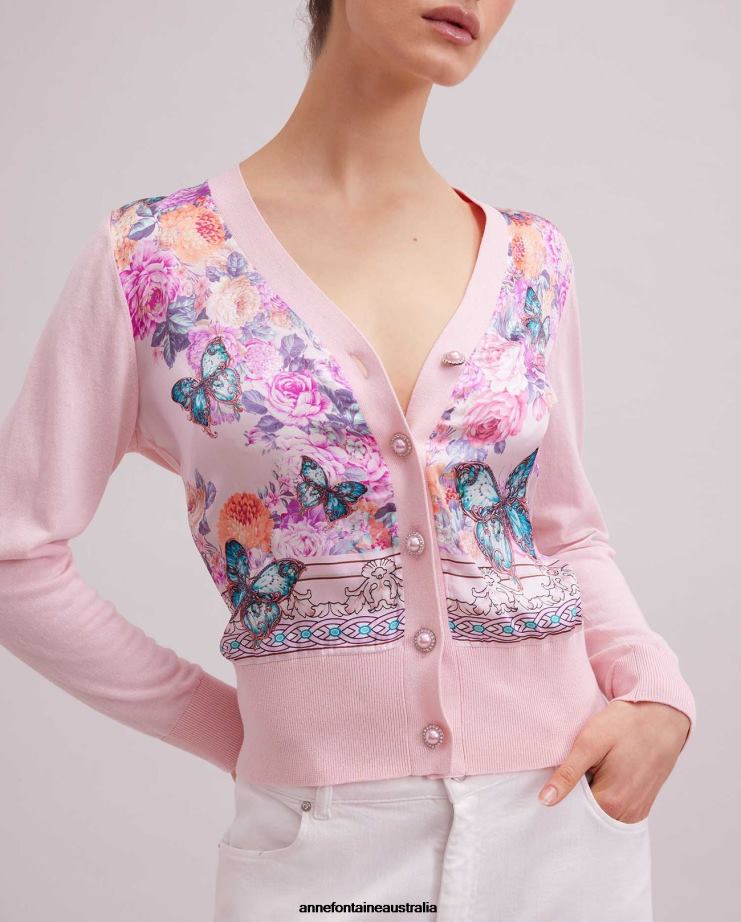 Anne Fontaine Clothing 2VZRJ467 Women Zilia Cardigan Long Sleeve Cardigan With Floral Butterfly Printed Design Pink
