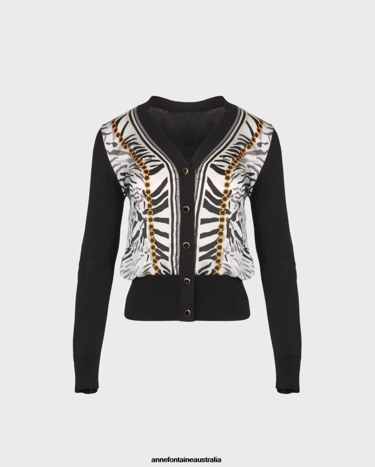 Anne Fontaine Clothing 2VZRJ468 Women Garoupe Cardigan Silk Knit With and Zebra Design Black/White