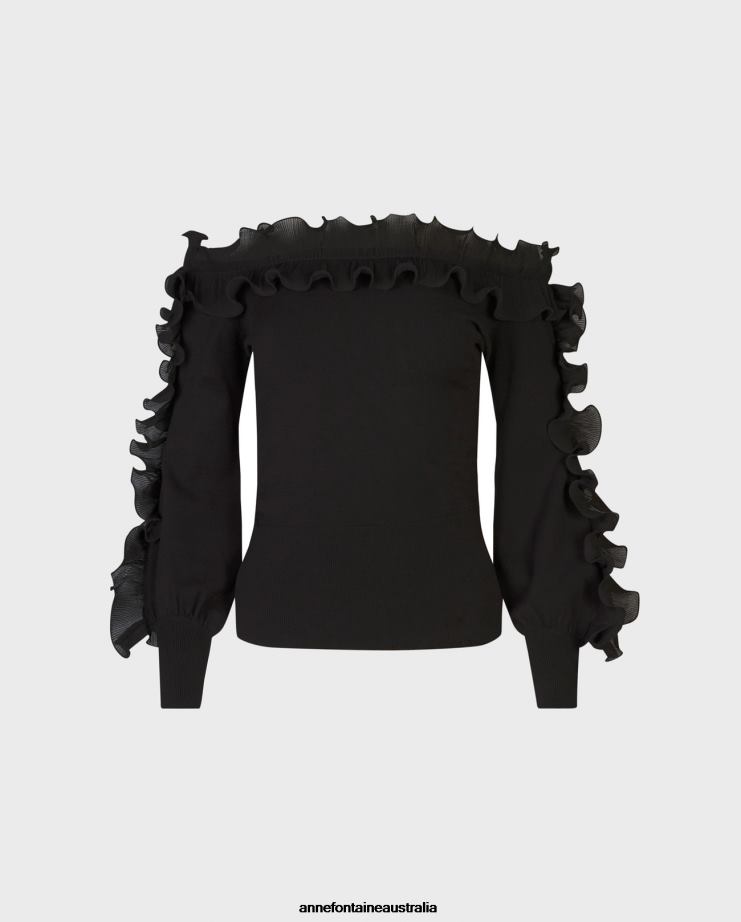 Anne Fontaine Clothing 2VZRJ469 Women Catane Sweater Long Sleeve Pullover Knit With Ruffle Details Black