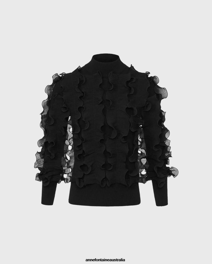 Anne Fontaine Clothing 2VZRJ470 Women Sidaline Sweater Long Sleeve Sweater With Pleated Ruffles Black
