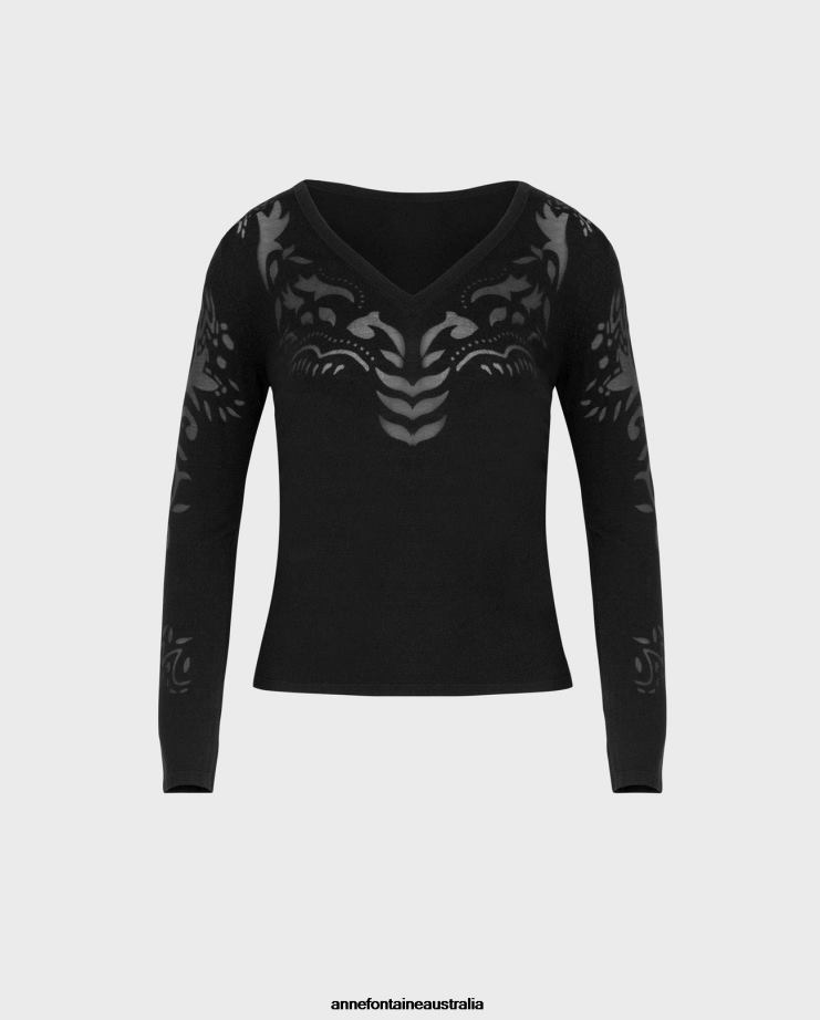 Anne Fontaine Clothing 2VZRJ471 Women Larrosa Top Long Sleeve Knit Top With Transparent Design Black