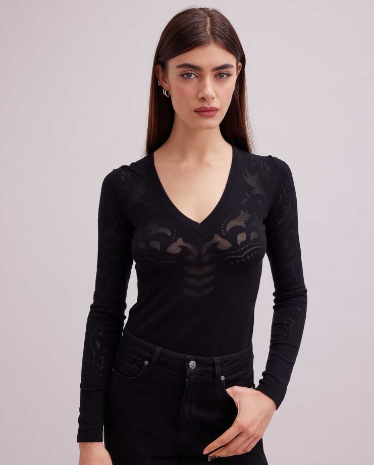 Anne Fontaine Clothing 2VZRJ471 Women Larrosa Top Long Sleeve Knit Top With Transparent Design Black