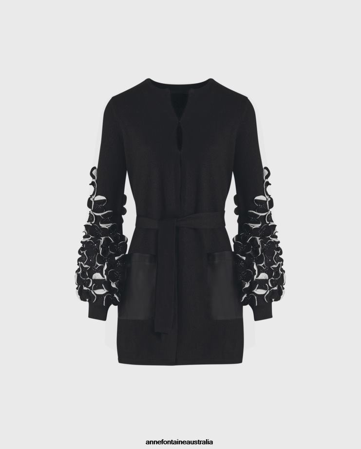 Anne Fontaine Clothing 2VZRJ472 Women Laure Sweater Knit Cardigan With Bi-color Petals on the Sleeves Black/White