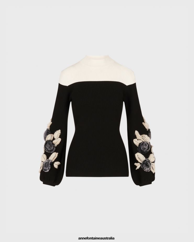 Anne Fontaine Clothing 2VZRJ473 Women Clarinette Sweater Long Sleeve Knit With Oversized Floral Details Black
