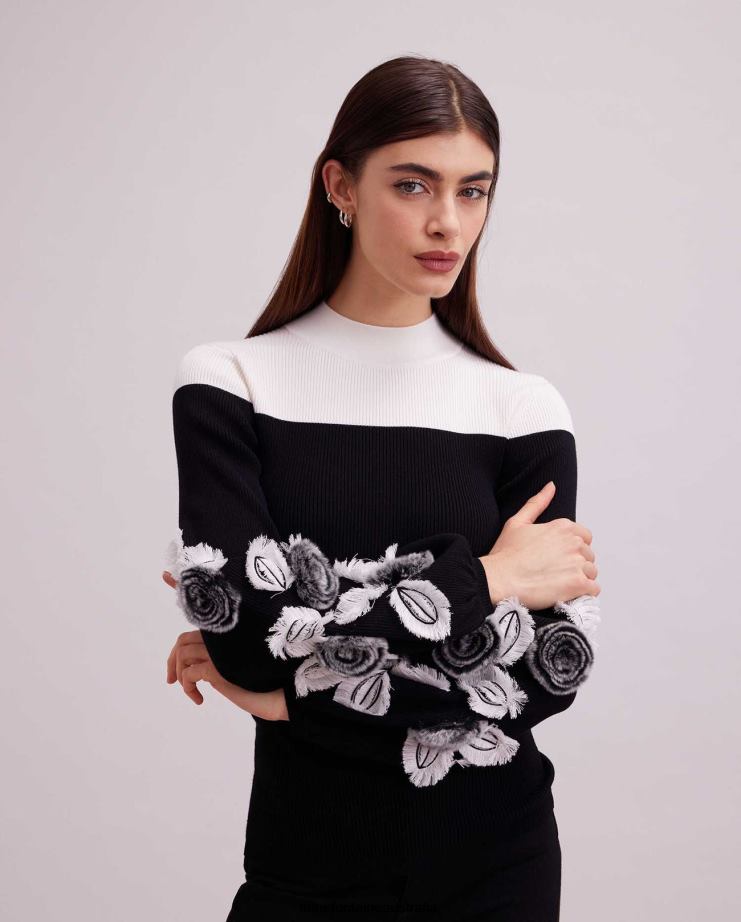 Anne Fontaine Clothing 2VZRJ473 Women Clarinette Sweater Long Sleeve Knit With Oversized Floral Details Black
