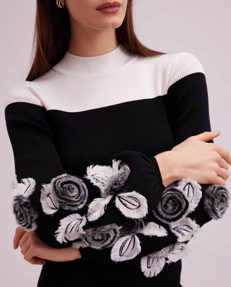 Anne Fontaine Clothing 2VZRJ473 Women Clarinette Sweater Long Sleeve Knit With Oversized Floral Details Black