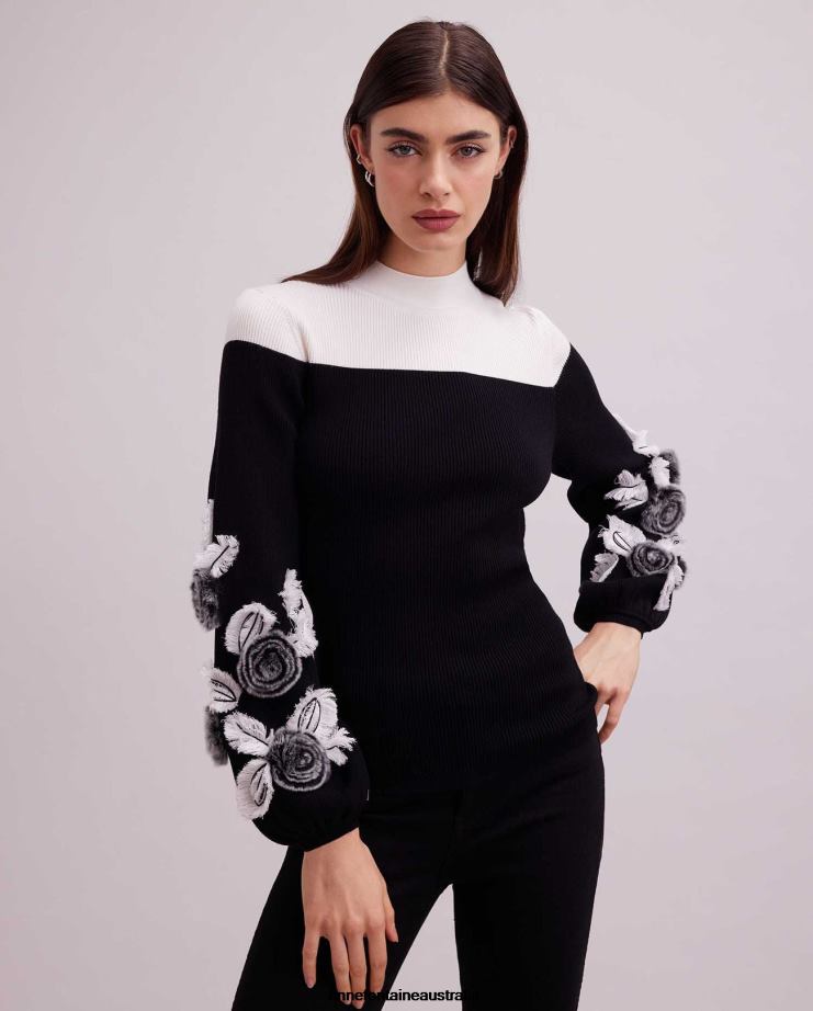 Anne Fontaine Clothing 2VZRJ473 Women Clarinette Sweater Long Sleeve Knit With Oversized Floral Details Black