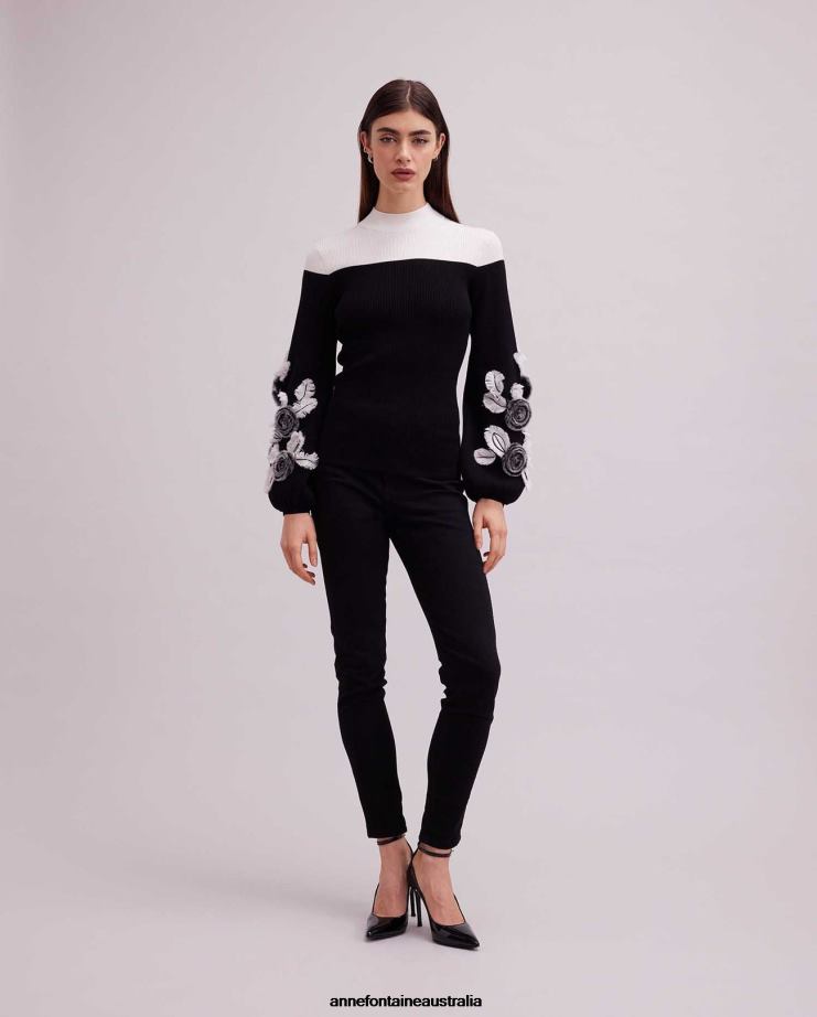 Anne Fontaine Clothing 2VZRJ473 Women Clarinette Sweater Long Sleeve Knit With Oversized Floral Details Black