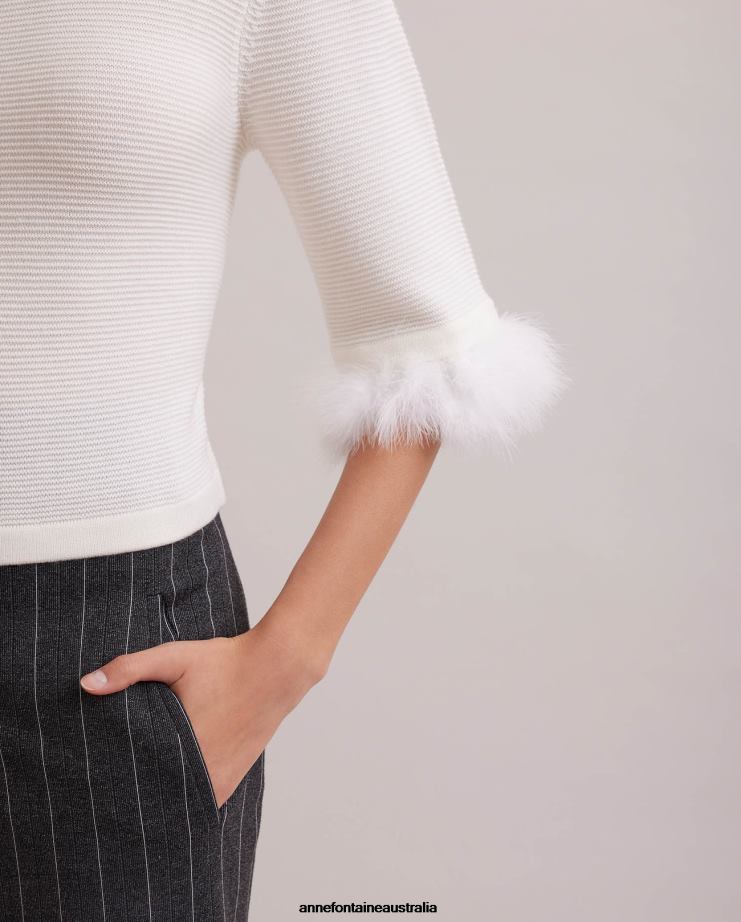 Anne Fontaine Clothing 2VZRJ474 Women Beckett Top Textured Knit Pullover With Removable Feather Sleeves White
