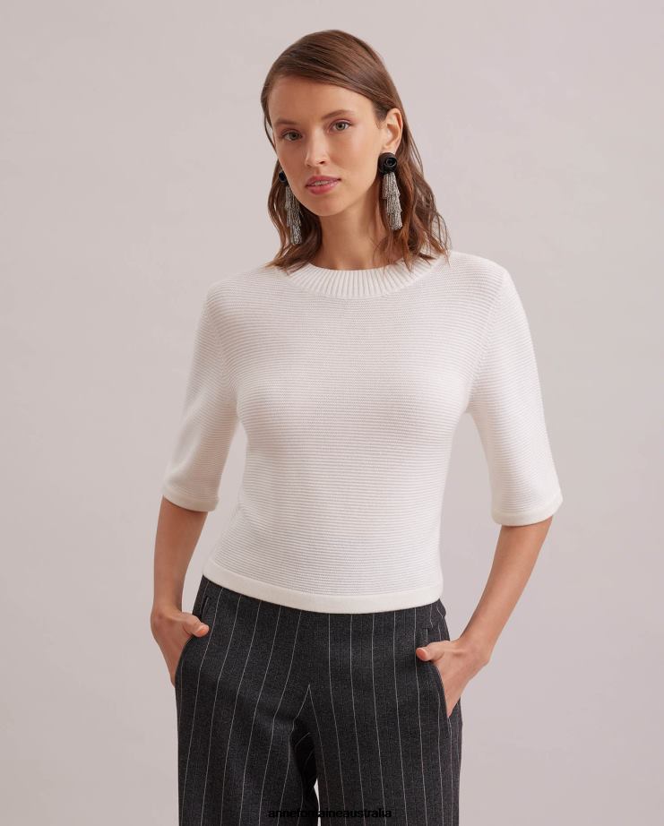 Anne Fontaine Clothing 2VZRJ474 Women Beckett Top Textured Knit Pullover With Removable Feather Sleeves White