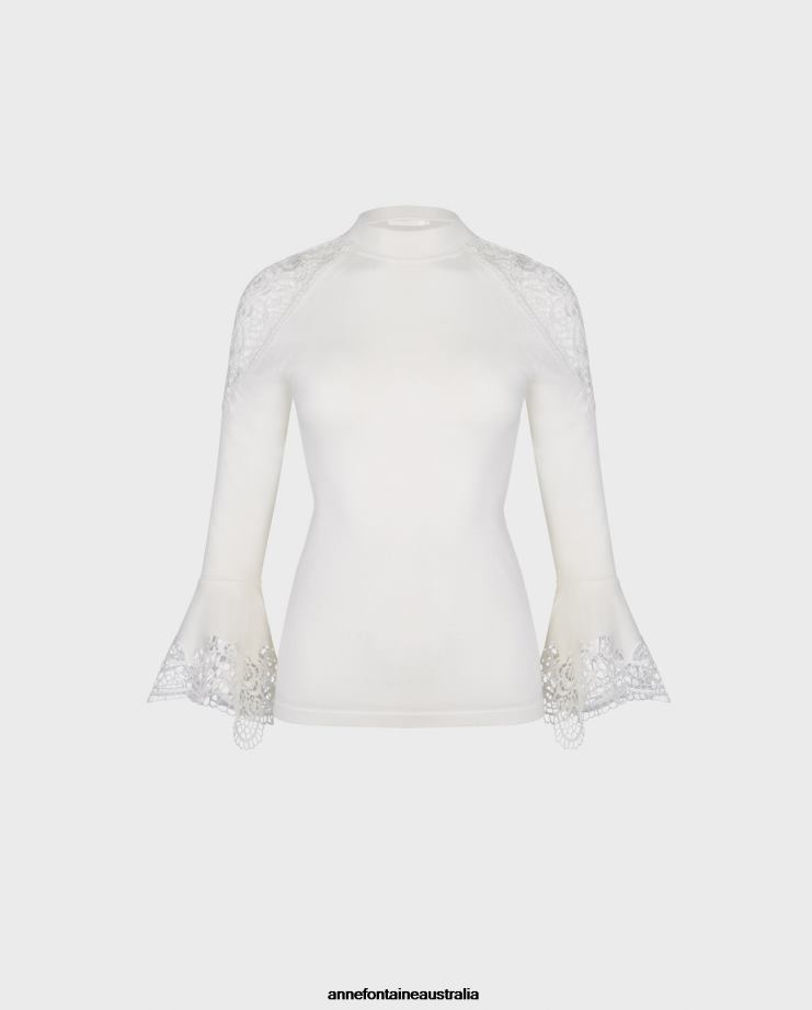 Anne Fontaine Clothing 2VZRJ475 Women Fozia Sweater Knit Sweater With Sheer Floral Lace Details Moon White